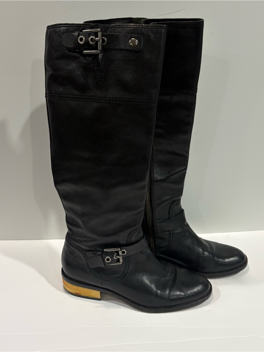 Coach Jacinda Tall Equestrian Black Leather Boots Buckle Detail Yellow Heel Sz 8